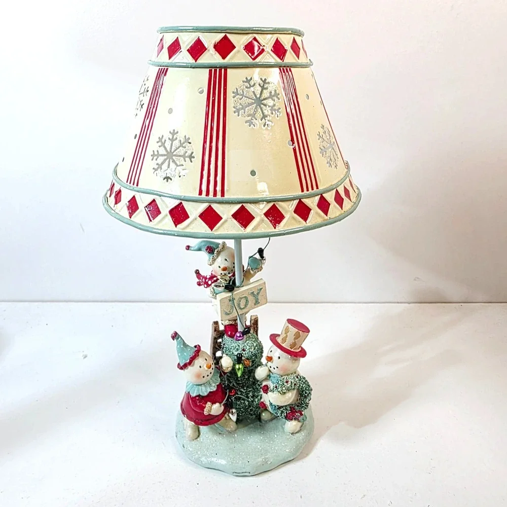 Snowmen Wrapping Lights Christmas Tealight Holder Lamp and Shade 2 pc 9.5